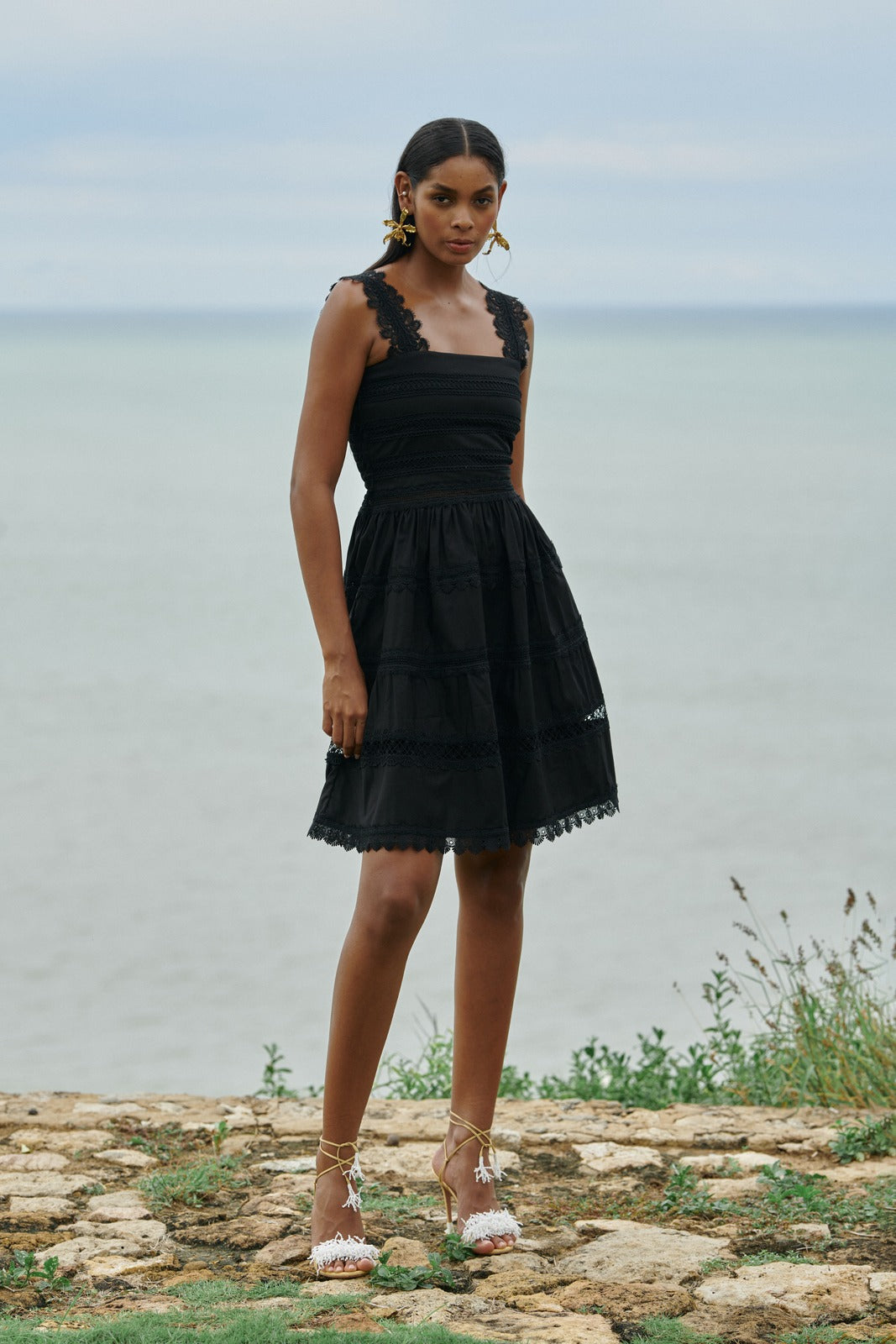 Black eyelet shop midi dress